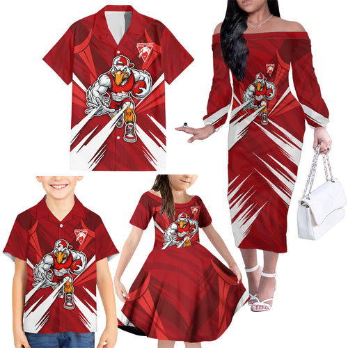 Sydney Swans Australian Football Family Matching Off The Shoulder Long Sleeve Dress and Hawaiian Shirt Muscular Swan Mascot - Bold Team Colors