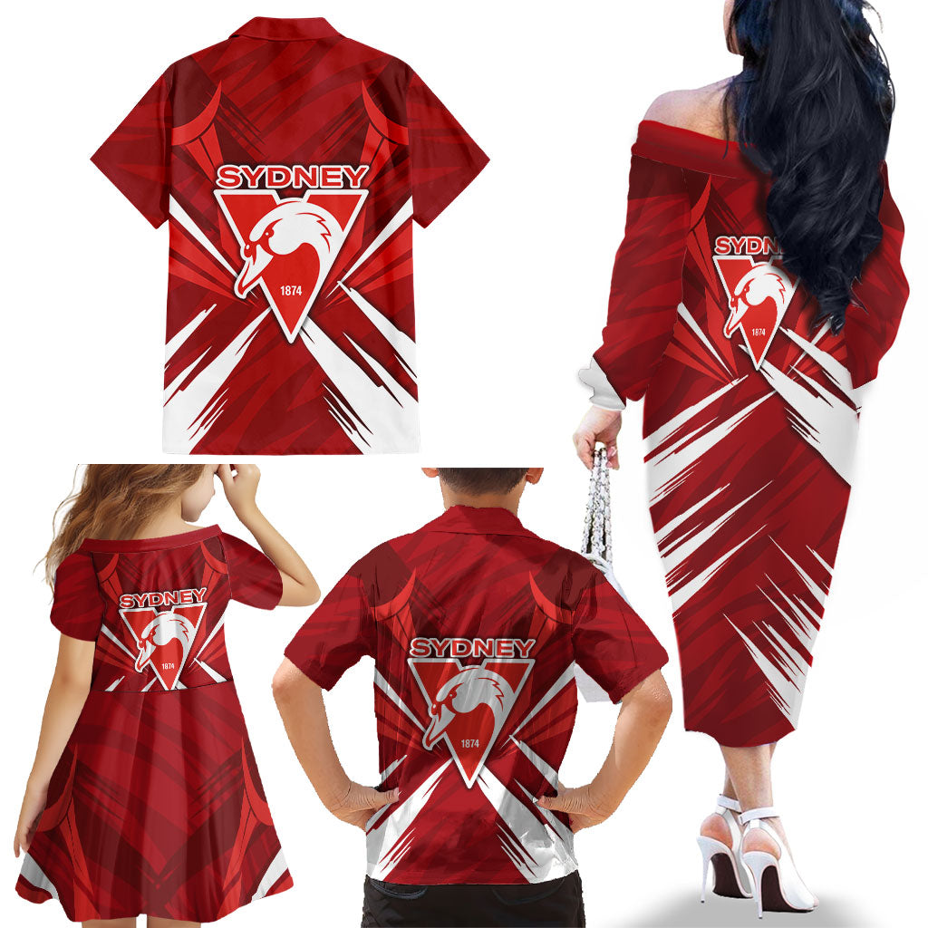 Sydney Swans Australian Football Family Matching Off The Shoulder Long Sleeve Dress and Hawaiian Shirt Muscular Swan Mascot - Bold Team Colors