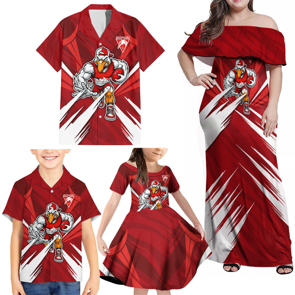 Sydney Swans Australian Football Family Matching Off Shoulder Maxi Dress and Hawaiian Shirt Muscular Swan Mascot - Bold Team Colors