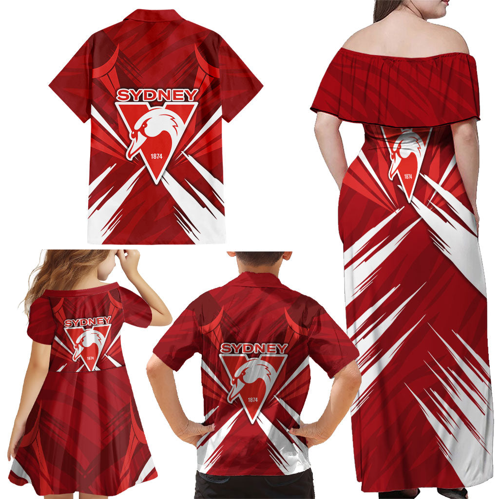 Sydney Swans Australian Football Family Matching Off Shoulder Maxi Dress and Hawaiian Shirt Muscular Swan Mascot - Bold Team Colors
