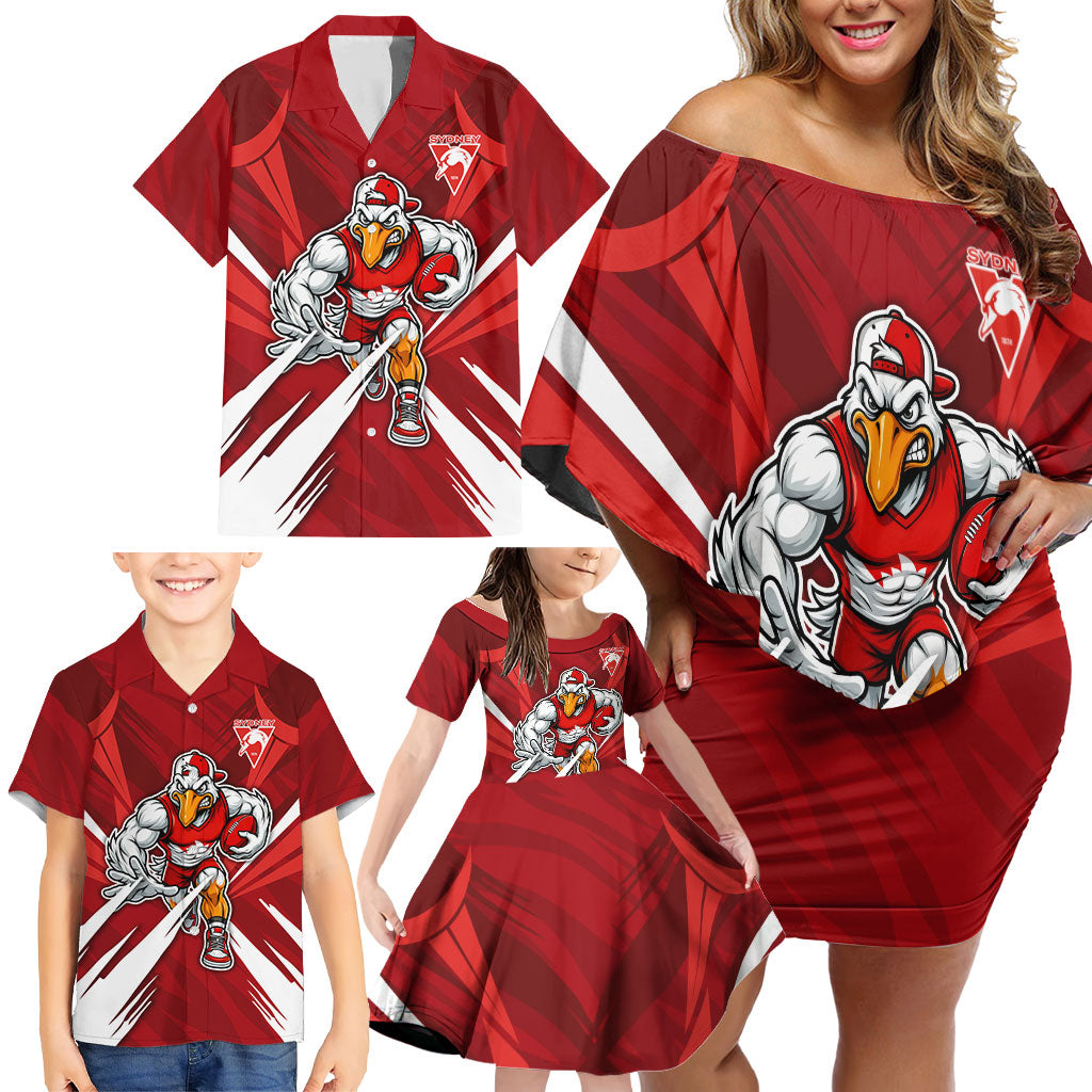 Sydney Swans Australian Football Family Matching Off Shoulder Short Dress and Hawaiian Shirt Muscular Swan Mascot - Bold Team Colors