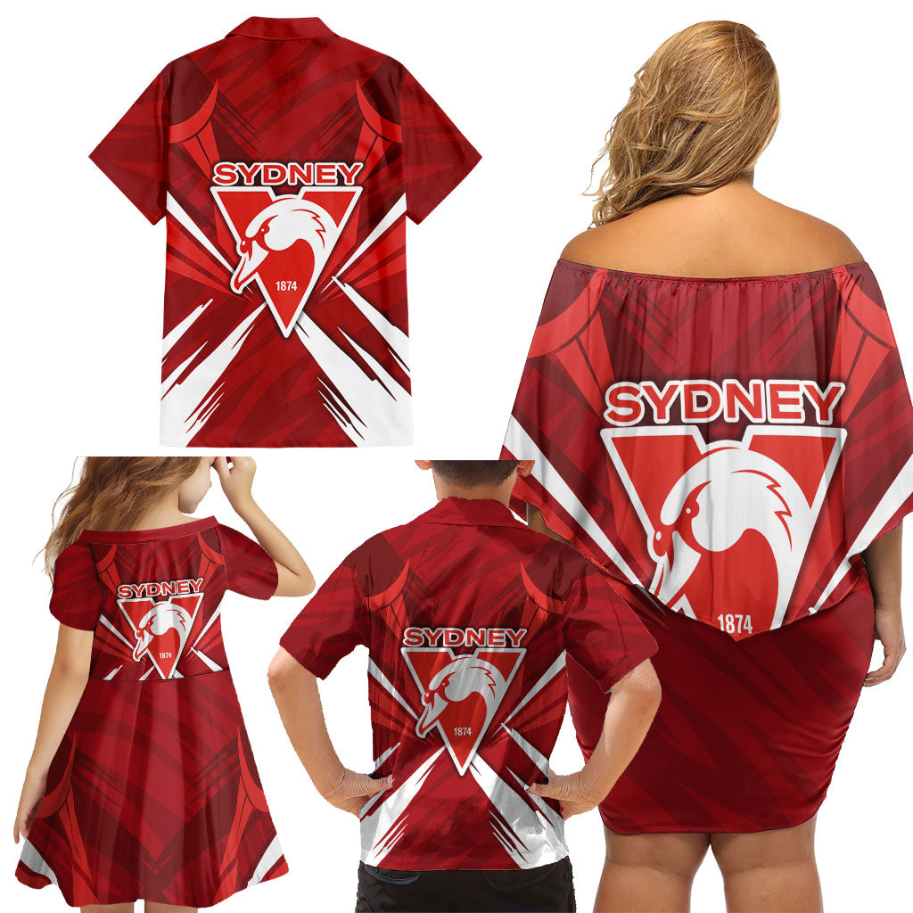 Sydney Swans Australian Football Family Matching Off Shoulder Short Dress and Hawaiian Shirt Muscular Swan Mascot - Bold Team Colors