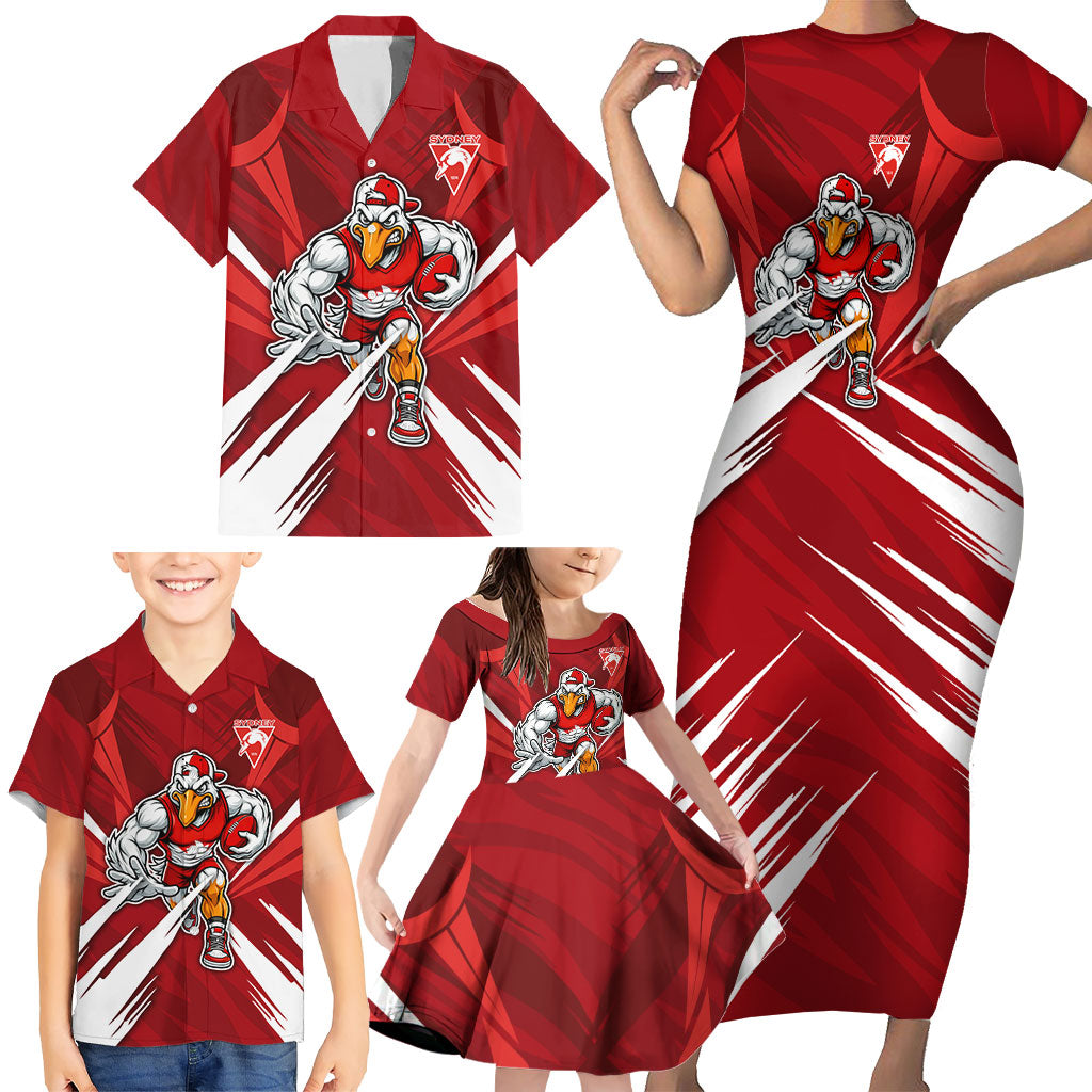 Sydney Swans Australian Football Family Matching Short Sleeve Bodycon Dress and Hawaiian Shirt Muscular Swan Mascot - Bold Team Colors