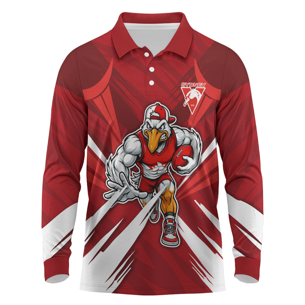Sydney Swans Australian Football Long Sleeve Polo Shirt Muscular Swan Mascot - Bold Team Colors