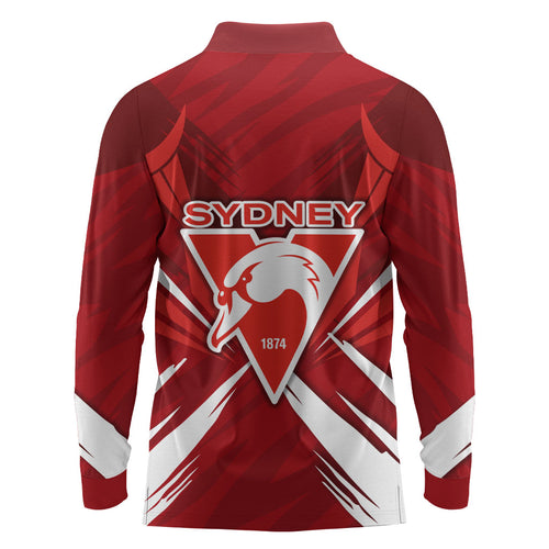 Sydney Swans Australian Football Long Sleeve Polo Shirt Muscular Swan Mascot - Bold Team Colors