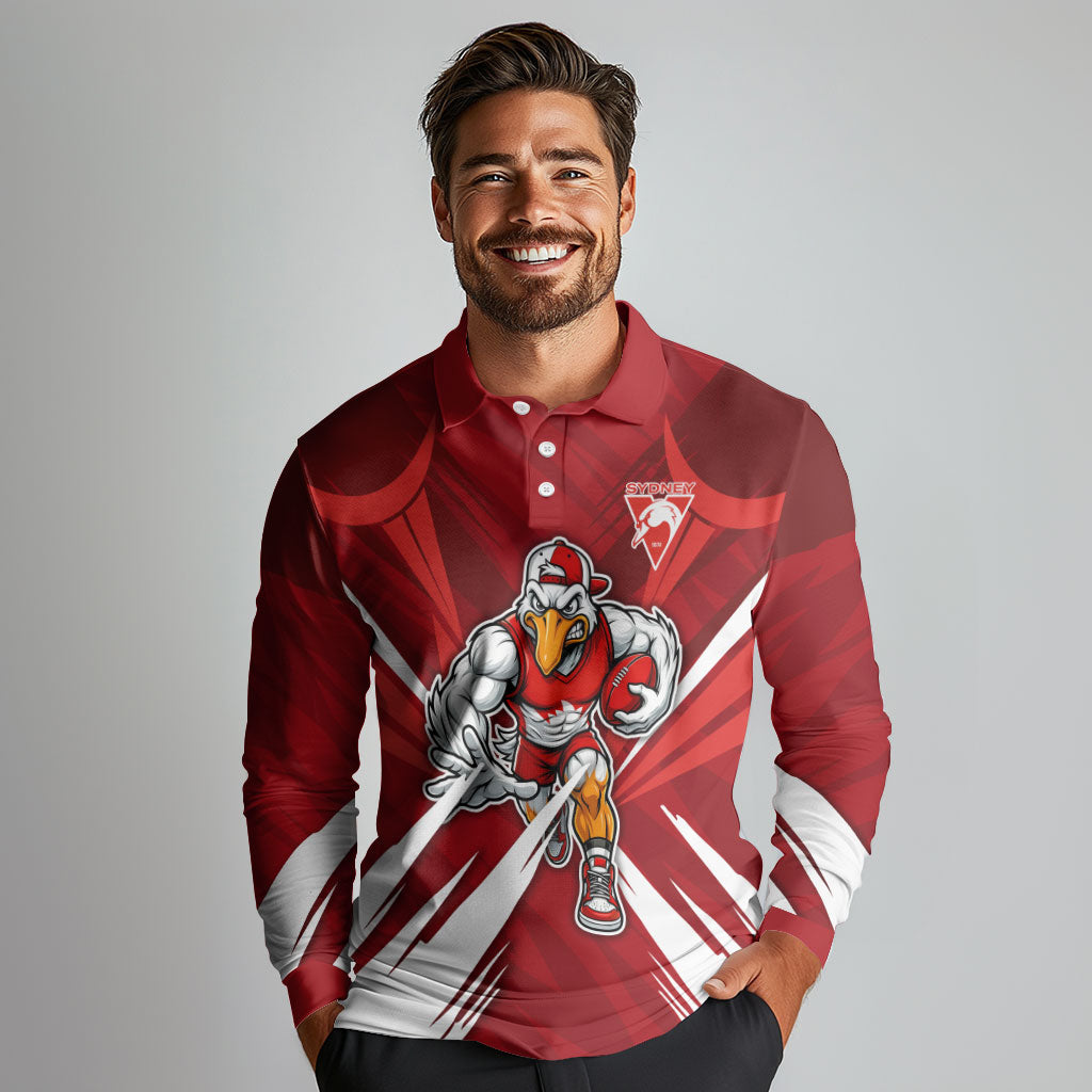 Sydney Swans Australian Football Long Sleeve Polo Shirt Muscular Swan Mascot - Bold Team Colors
