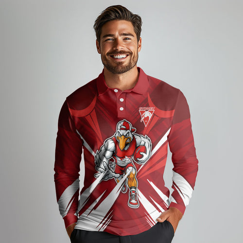 Sydney Swans Australian Football Long Sleeve Polo Shirt Muscular Swan Mascot - Bold Team Colors