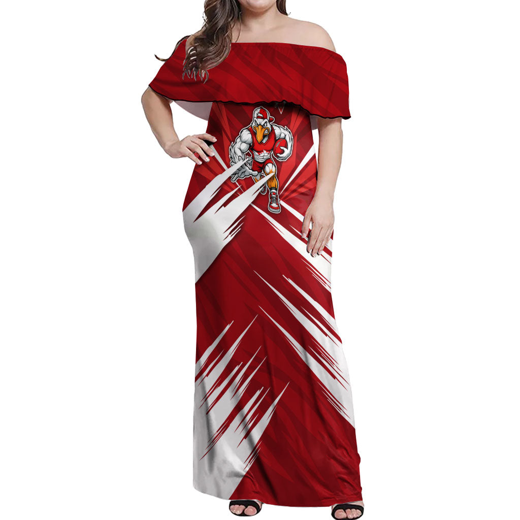 Sydney Swans Australian Football Off Shoulder Maxi Dress Muscular Swan Mascot - Bold Team Colors