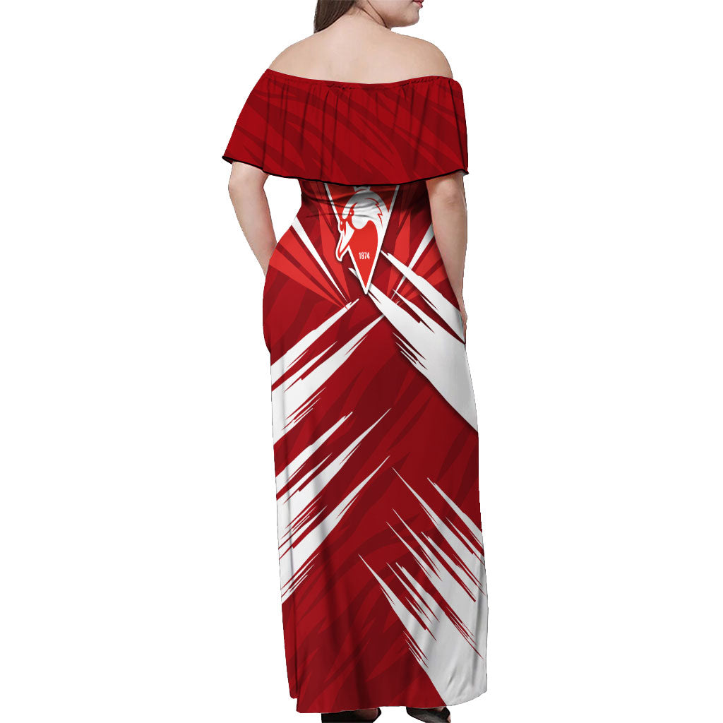 Sydney Swans Australian Football Off Shoulder Maxi Dress Muscular Swan Mascot - Bold Team Colors