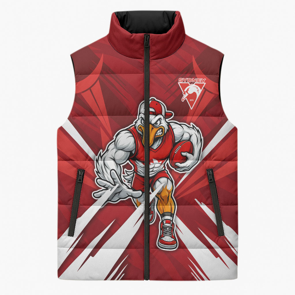 Sydney Swans Australian Football Sleeveless Puffer Jacket Muscular Swan Mascot - Bold Team Colors