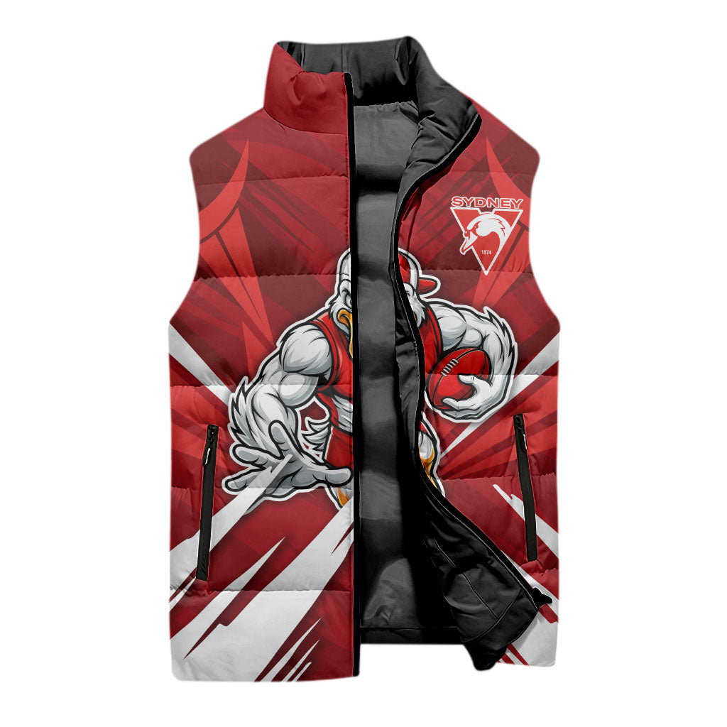 Sydney Swans Australian Football Sleeveless Puffer Jacket Muscular Swan Mascot - Bold Team Colors