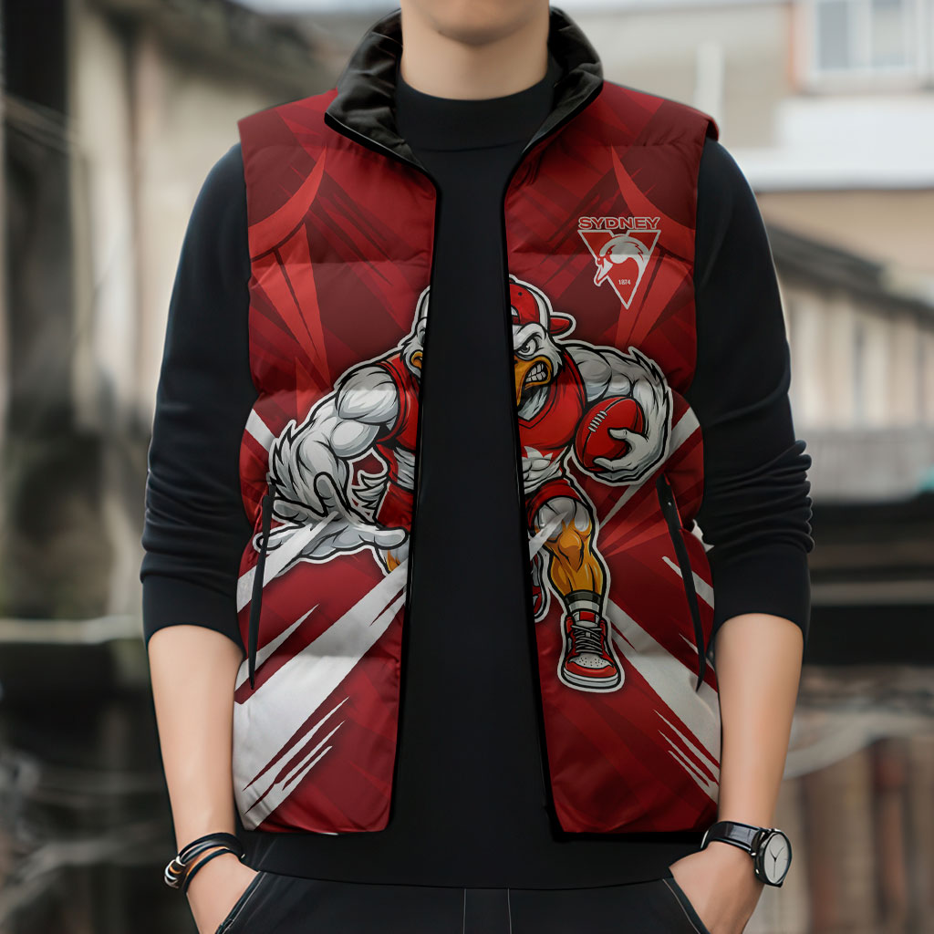 Sydney Swans Australian Football Sleeveless Puffer Jacket Muscular Swan Mascot - Bold Team Colors