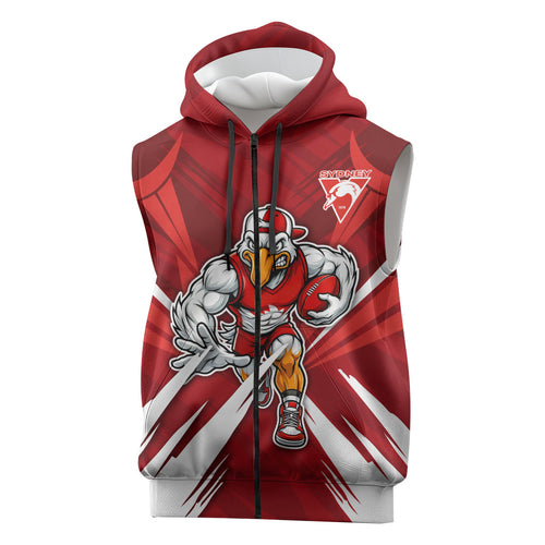 Sydney Swans Australian Football Sleeveless Zip Hoodie Muscular Swan Mascot - Bold Team Colors