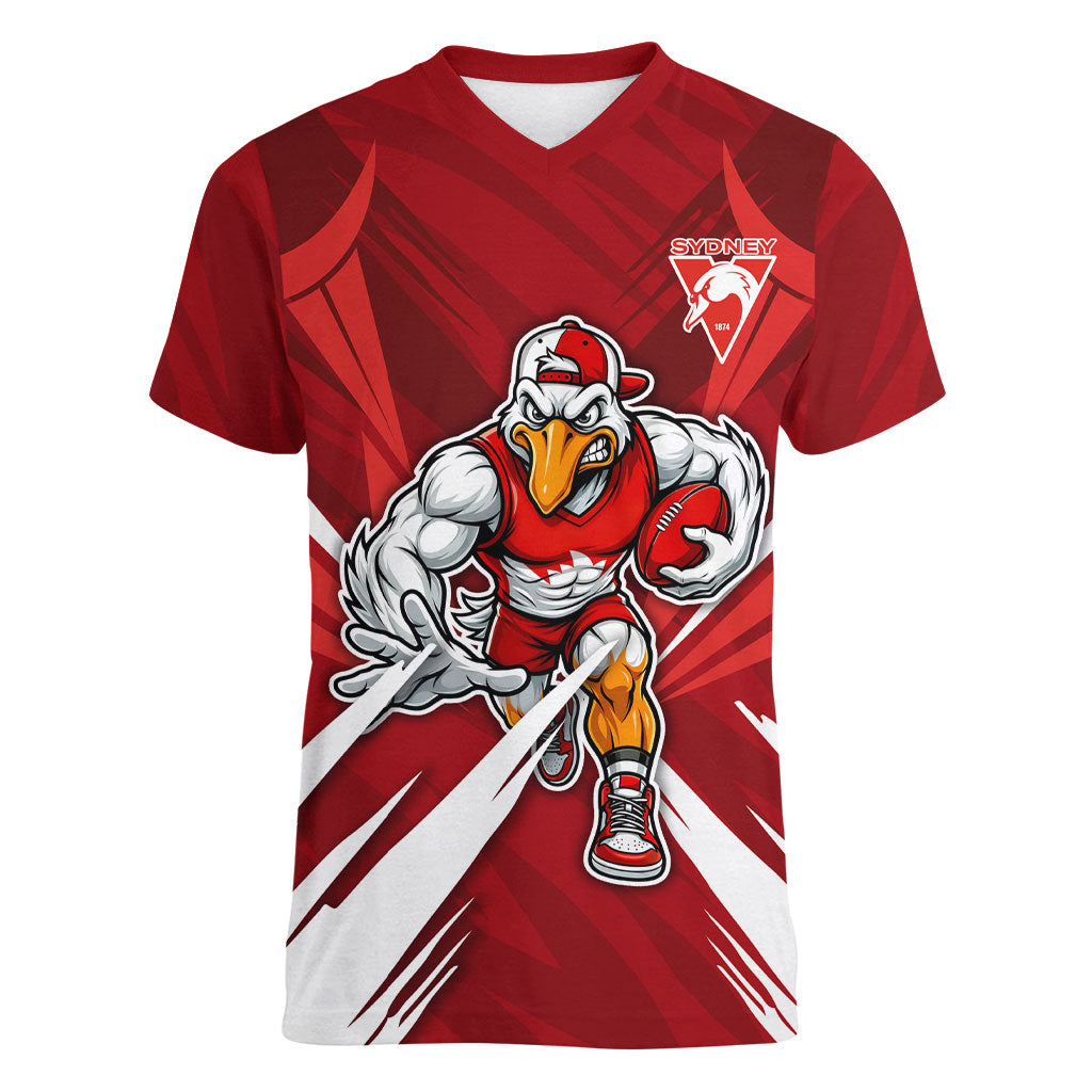 Sydney Swans Australian Football Women V-Neck T-Shirt Muscular Swan Mascot - Bold Team Colors
