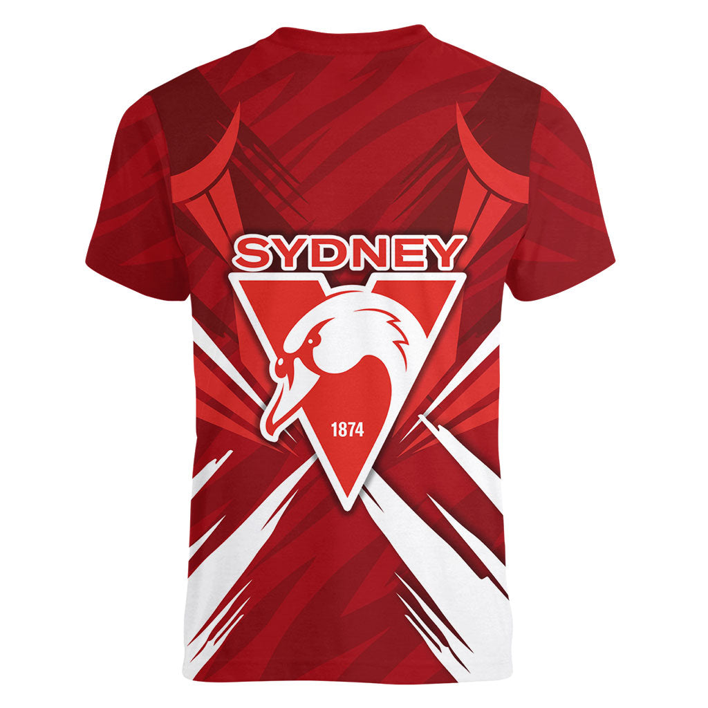 Sydney Swans Australian Football Women V-Neck T-Shirt Muscular Swan Mascot - Bold Team Colors