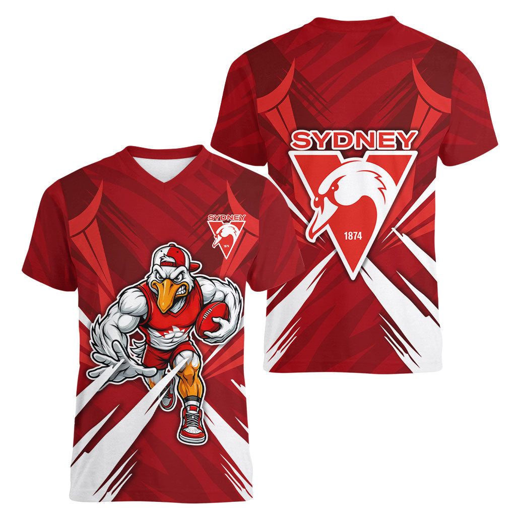 Sydney Swans Australian Football Women V-Neck T-Shirt Muscular Swan Mascot - Bold Team Colors