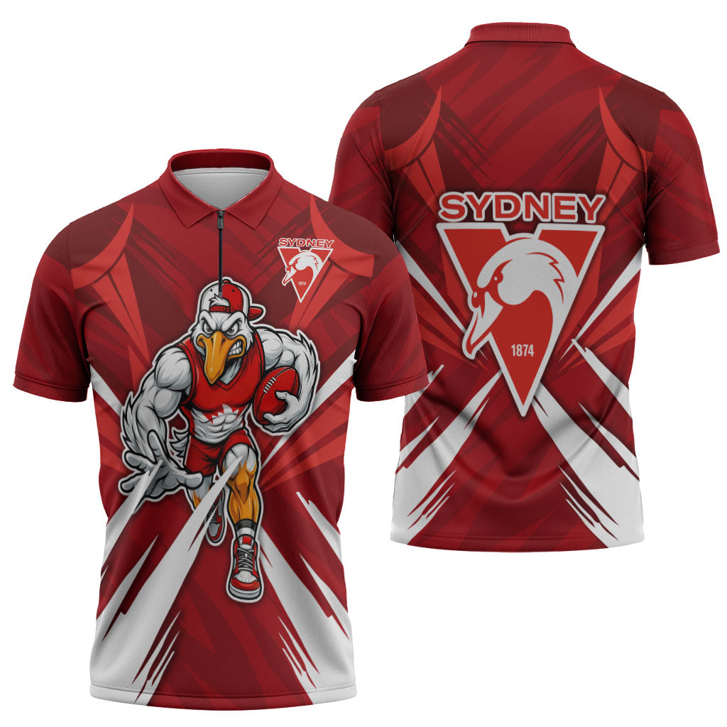 Sydney Swans Australian Football Zipper Polo Shirt Muscular Swan Mascot - Bold Team Colors