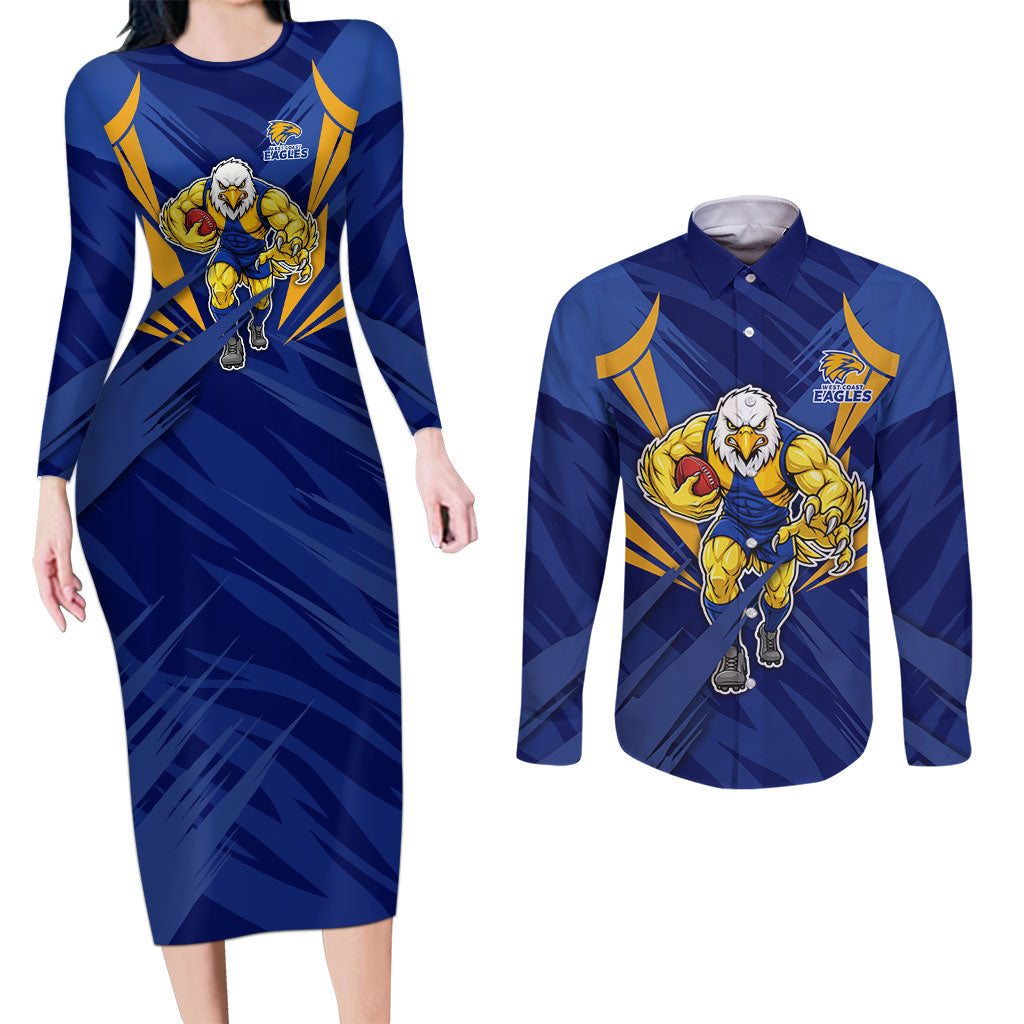 West Coast Eagles Australian Football Couples Matching Long Sleeve Bodycon Dress and Long Sleeve Button Shirt Powerful Eagle Mascot - Bold Team Colors