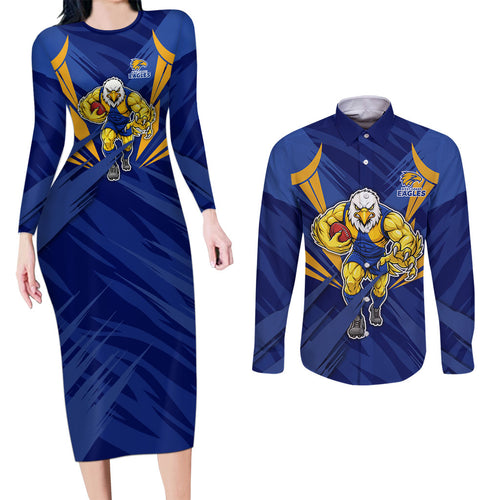 West Coast Eagles Australian Football Couples Matching Long Sleeve Bodycon Dress and Long Sleeve Button Shirt Powerful Eagle Mascot - Bold Team Colors