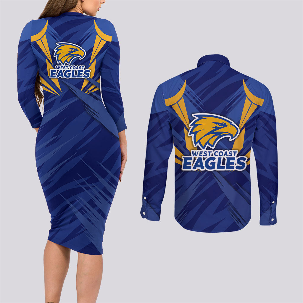 West Coast Eagles Australian Football Couples Matching Long Sleeve Bodycon Dress and Long Sleeve Button Shirt Powerful Eagle Mascot - Bold Team Colors