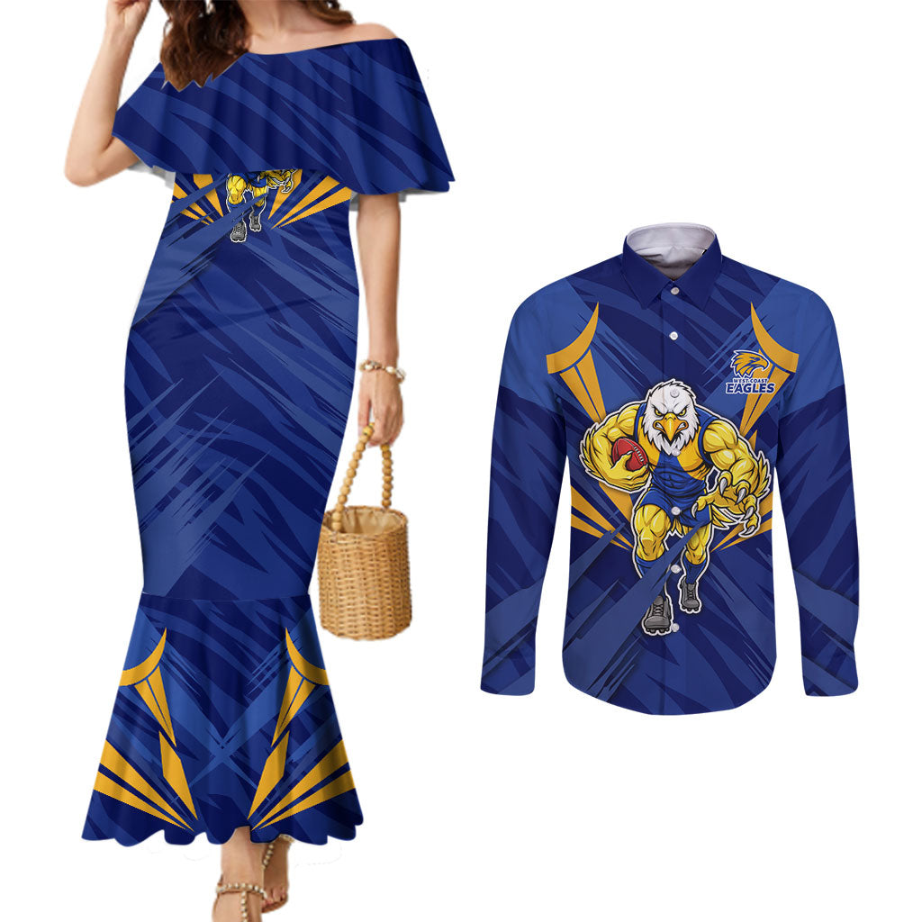 West Coast Eagles Australian Football Couples Matching Mermaid Dress and Long Sleeve Button Shirt Powerful Eagle Mascot - Bold Team Colors