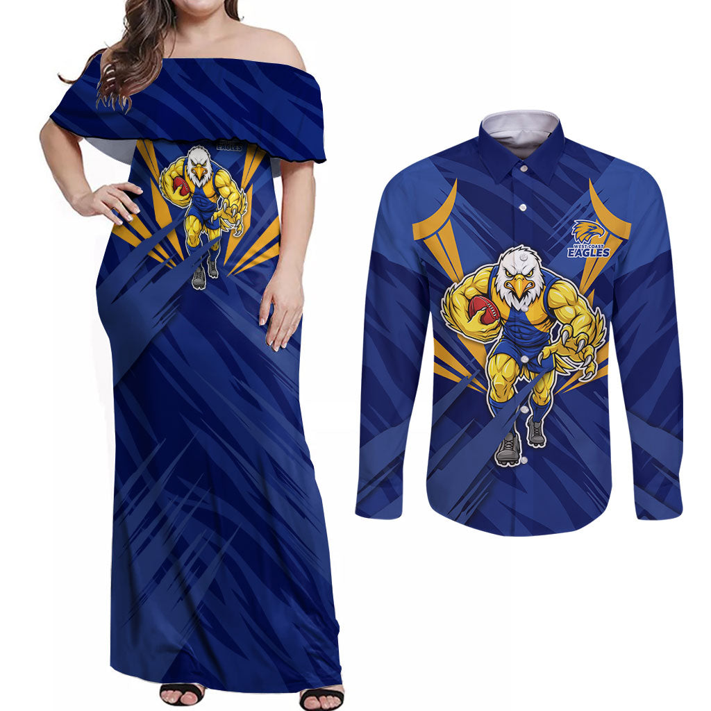 West Coast Eagles Australian Football Couples Matching Off Shoulder Maxi Dress and Long Sleeve Button Shirt Powerful Eagle Mascot - Bold Team Colors