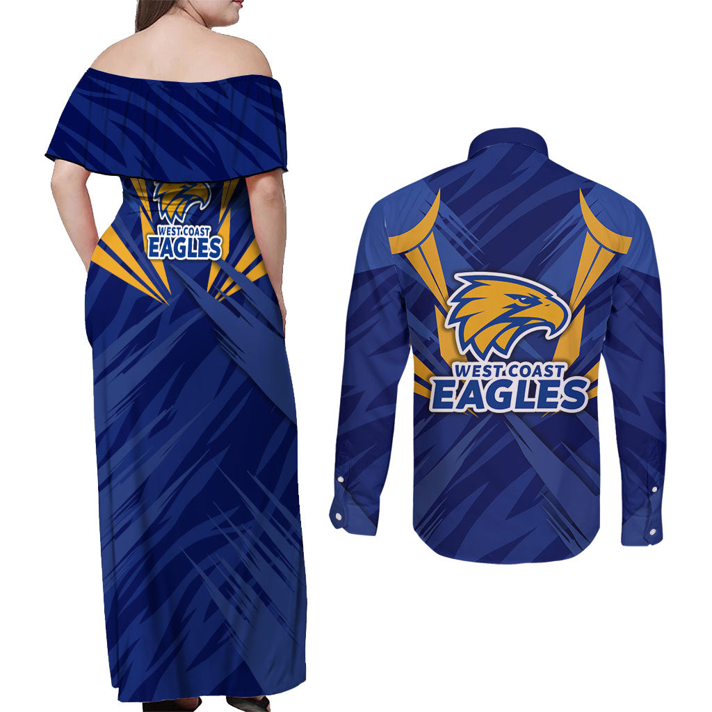 West Coast Eagles Australian Football Couples Matching Off Shoulder Maxi Dress and Long Sleeve Button Shirt Powerful Eagle Mascot - Bold Team Colors