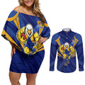 West Coast Eagles Australian Football Couples Matching Off Shoulder Short Dress and Long Sleeve Button Shirt Powerful Eagle Mascot - Bold Team Colors