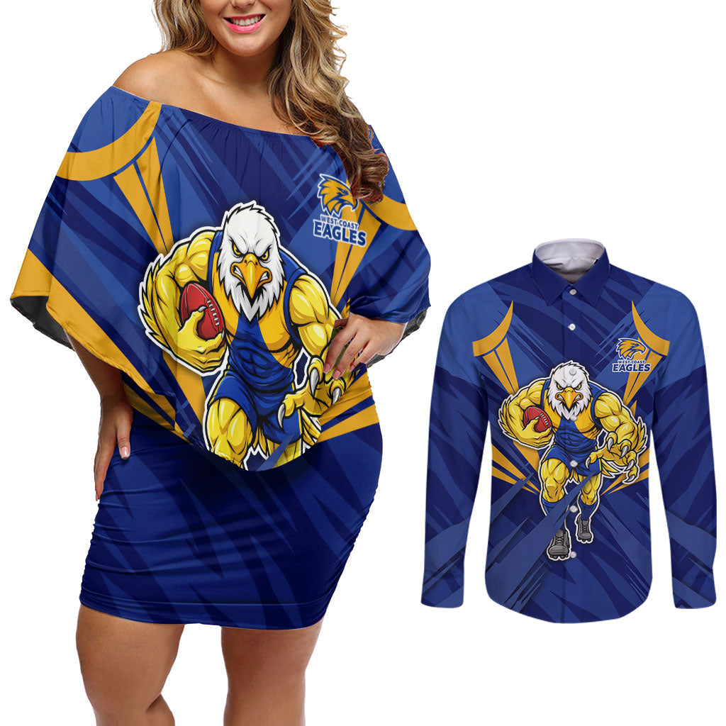 West Coast Eagles Australian Football Couples Matching Off Shoulder Short Dress and Long Sleeve Button Shirt Powerful Eagle Mascot - Bold Team Colors