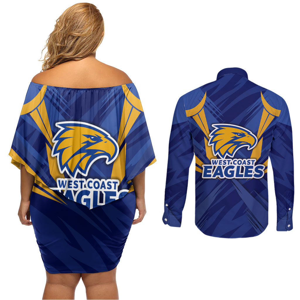 West Coast Eagles Australian Football Couples Matching Off Shoulder Short Dress and Long Sleeve Button Shirt Powerful Eagle Mascot - Bold Team Colors