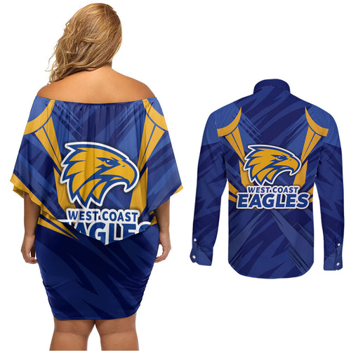 West Coast Eagles Australian Football Couples Matching Off Shoulder Short Dress and Long Sleeve Button Shirt Powerful Eagle Mascot - Bold Team Colors