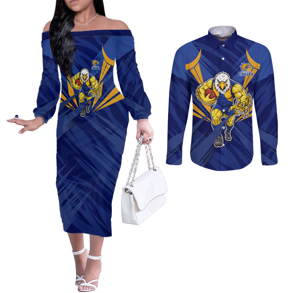 West Coast Eagles Australian Football Couples Matching Off The Shoulder Long Sleeve Dress and Long Sleeve Button Shirt Powerful Eagle Mascot - Bold Team Colors