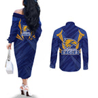 West Coast Eagles Australian Football Couples Matching Off The Shoulder Long Sleeve Dress and Long Sleeve Button Shirt Powerful Eagle Mascot - Bold Team Colors