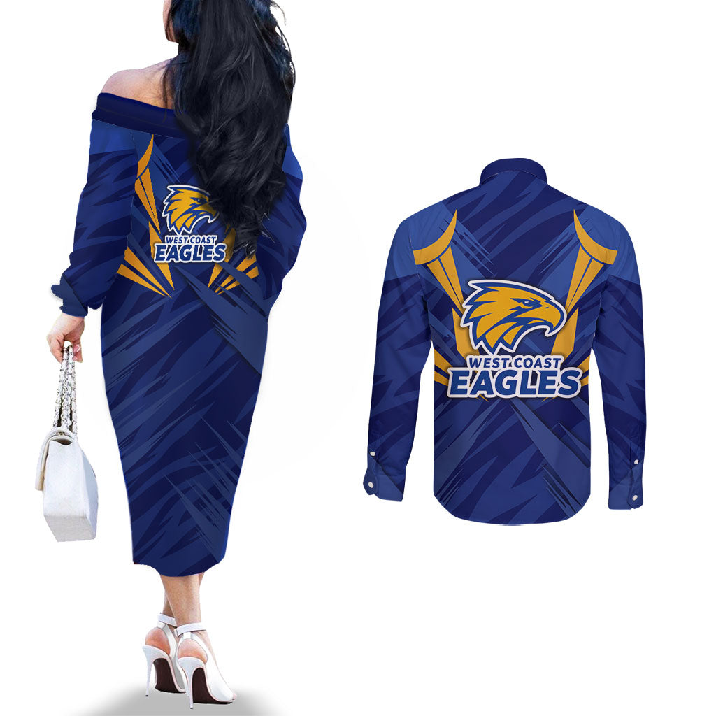 West Coast Eagles Australian Football Couples Matching Off The Shoulder Long Sleeve Dress and Long Sleeve Button Shirt Powerful Eagle Mascot - Bold Team Colors
