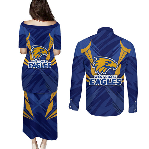 West Coast Eagles Australian Football Couples Matching Puletasi and Long Sleeve Button Shirt Powerful Eagle Mascot - Bold Team Colors