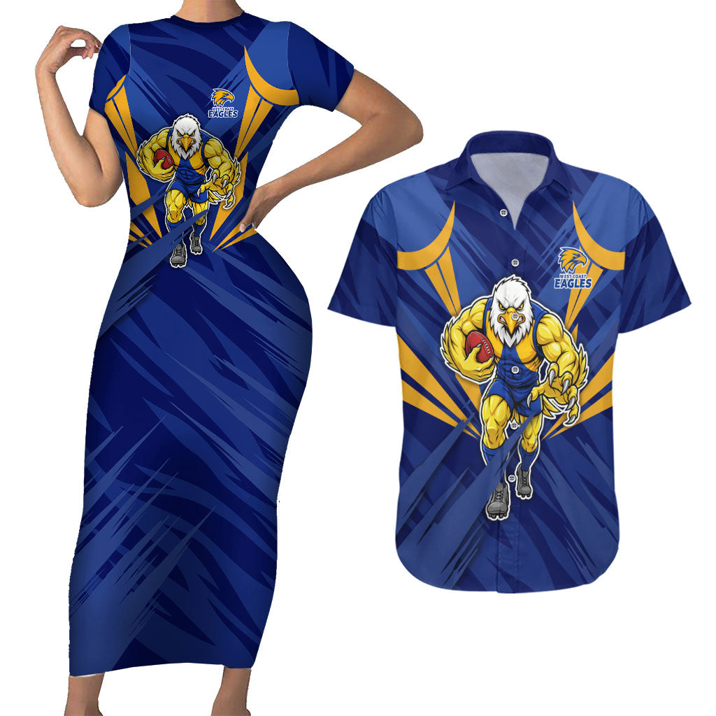 West Coast Eagles Australian Football Couples Matching Short Sleeve Bodycon Dress and Hawaiian Shirt Powerful Eagle Mascot - Bold Team Colors
