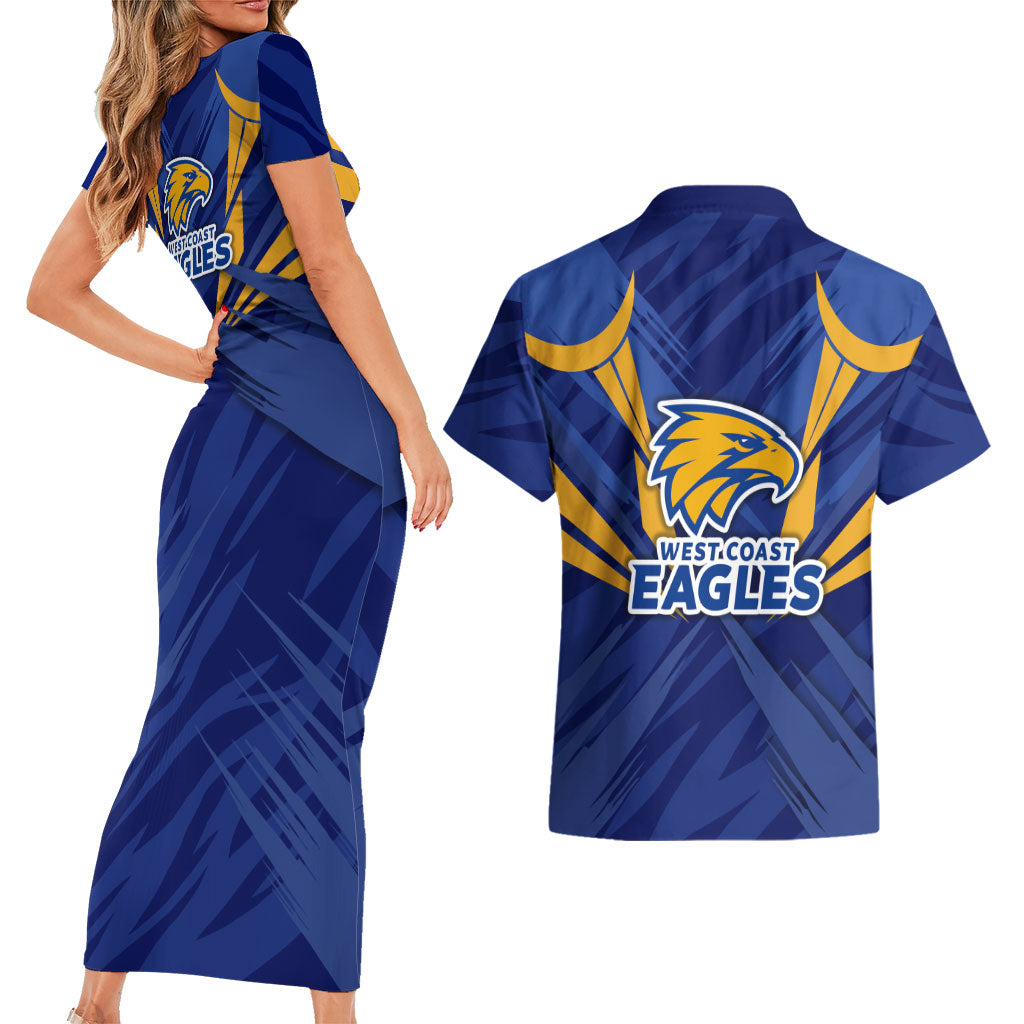 West Coast Eagles Australian Football Couples Matching Short Sleeve Bodycon Dress and Hawaiian Shirt Powerful Eagle Mascot - Bold Team Colors