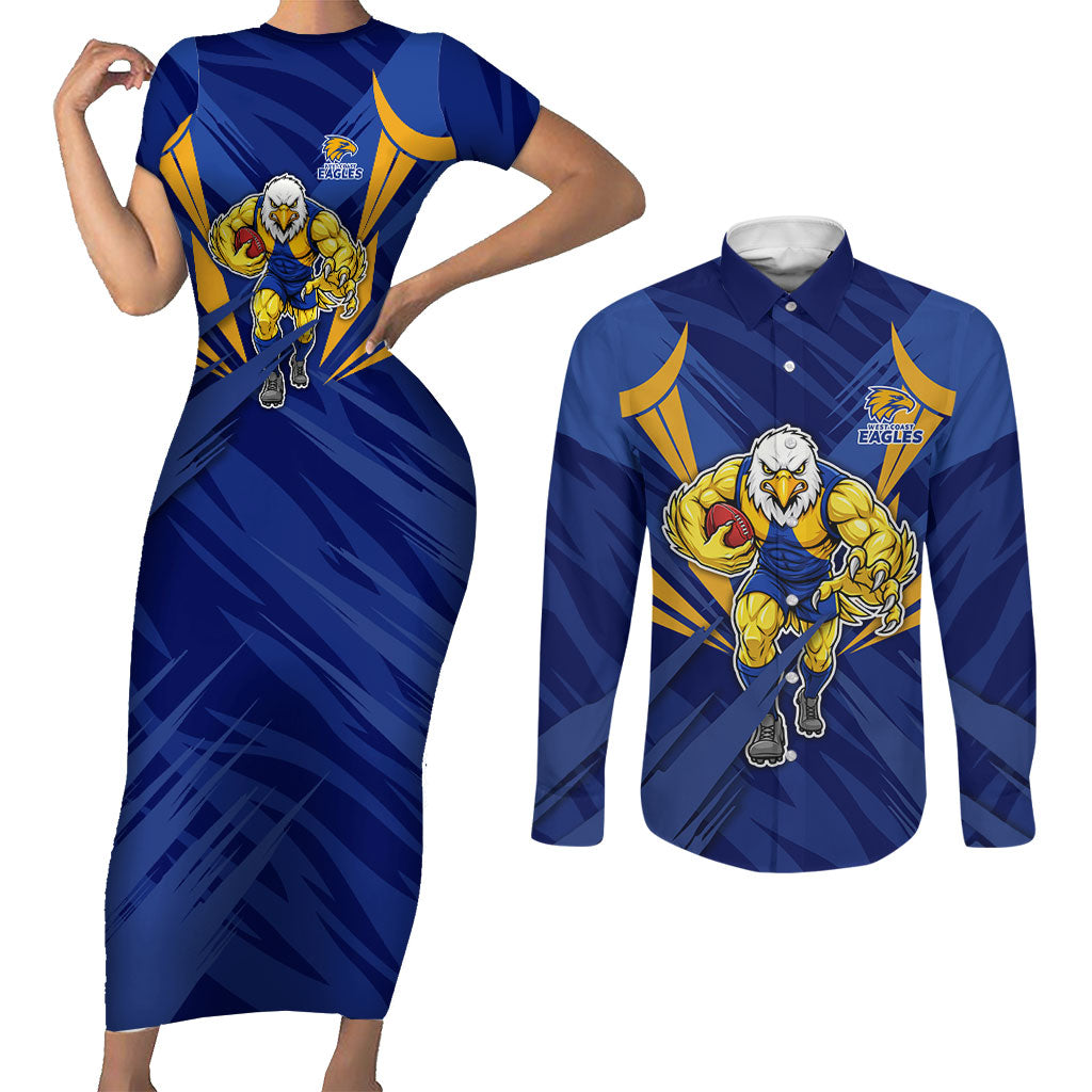 West Coast Eagles Australian Football Couples Matching Short Sleeve Bodycon Dress and Long Sleeve Button Shirt Powerful Eagle Mascot - Bold Team Colors
