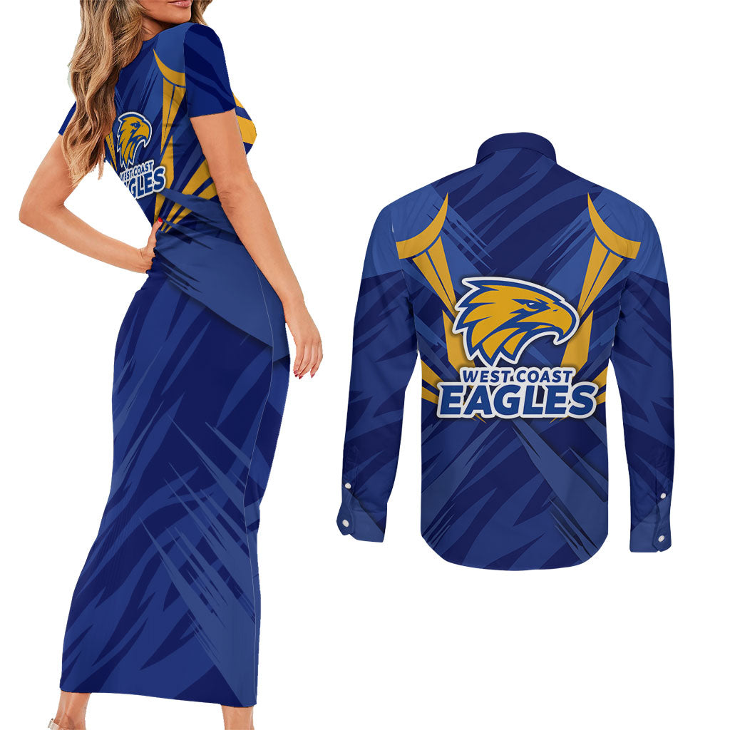 West Coast Eagles Australian Football Couples Matching Short Sleeve Bodycon Dress and Long Sleeve Button Shirt Powerful Eagle Mascot - Bold Team Colors