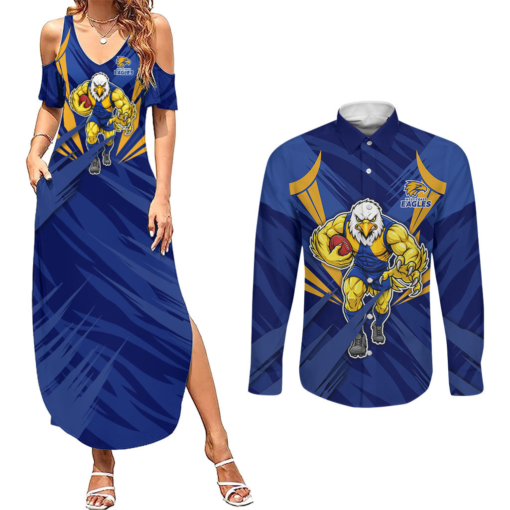 West Coast Eagles Australian Football Couples Matching Summer Maxi Dress and Long Sleeve Button Shirt Powerful Eagle Mascot - Bold Team Colors