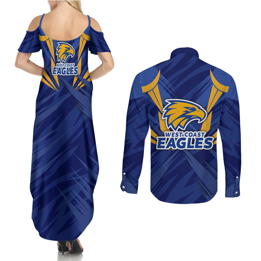 West Coast Eagles Australian Football Couples Matching Summer Maxi Dress and Long Sleeve Button Shirt Powerful Eagle Mascot - Bold Team Colors