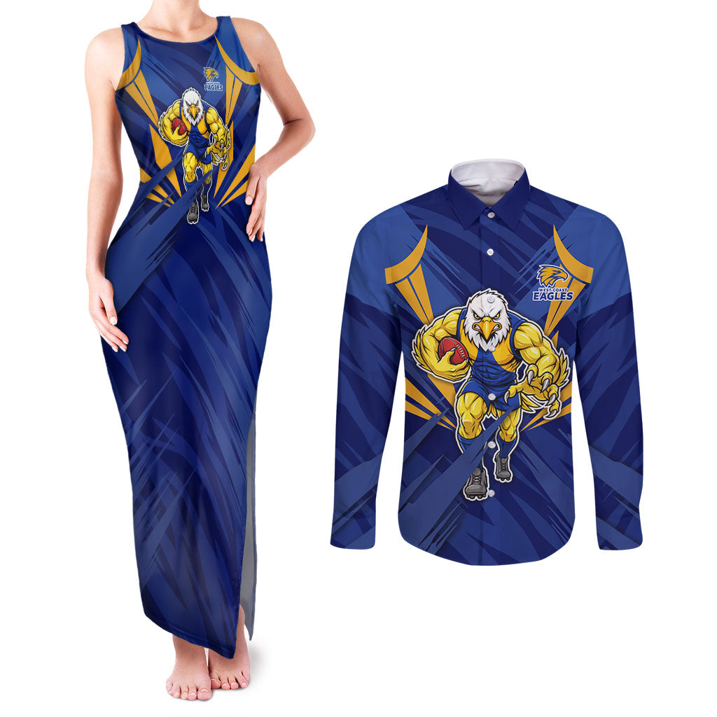 West Coast Eagles Australian Football Couples Matching Tank Maxi Dress and Long Sleeve Button Shirt Powerful Eagle Mascot - Bold Team Colors