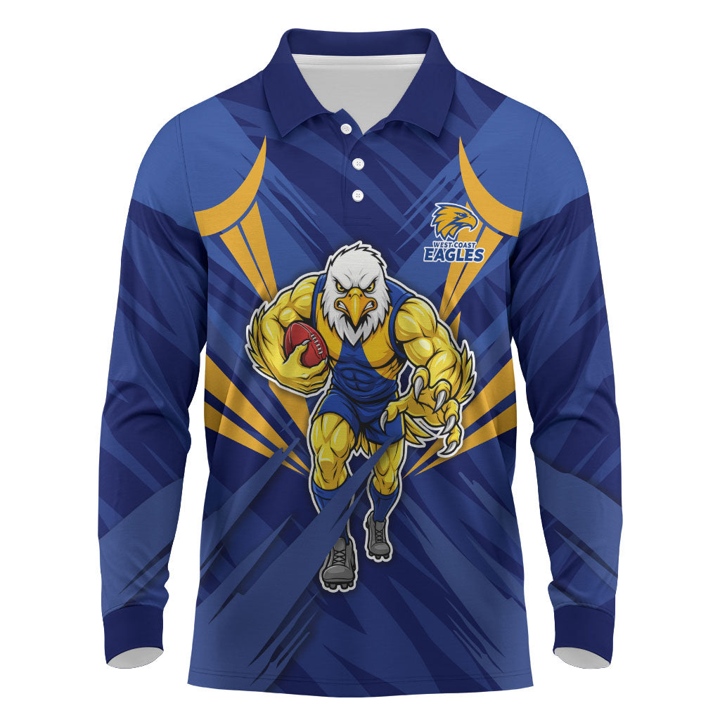 West Coast Eagles Australian Football Long Sleeve Polo Shirt Powerful Eagle Mascot - Bold Team Colors