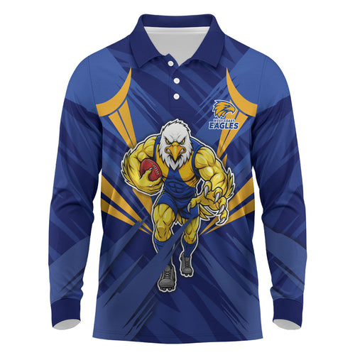 West Coast Eagles Australian Football Long Sleeve Polo Shirt Powerful Eagle Mascot - Bold Team Colors