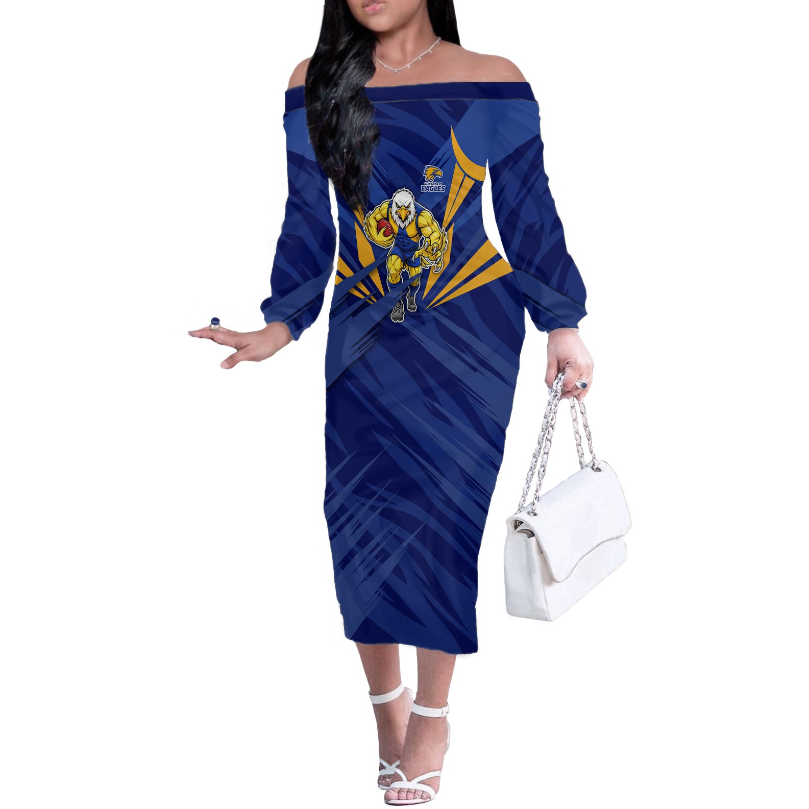 West Coast Eagles Australian Football Off The Shoulder Long Sleeve Dress Powerful Eagle Mascot - Bold Team Colors