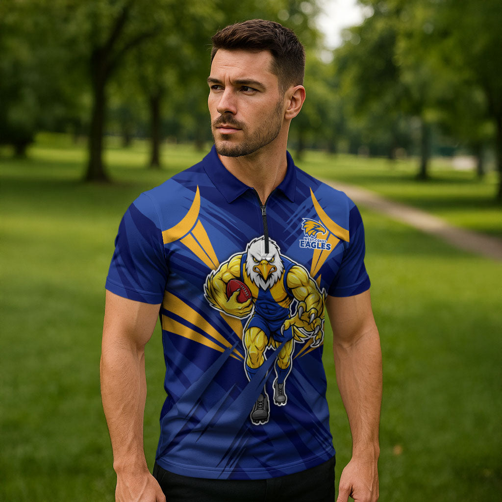 West Coast Eagles Australian Football Zipper Polo Shirt Powerful Eagle Mascot - Bold Team Colors