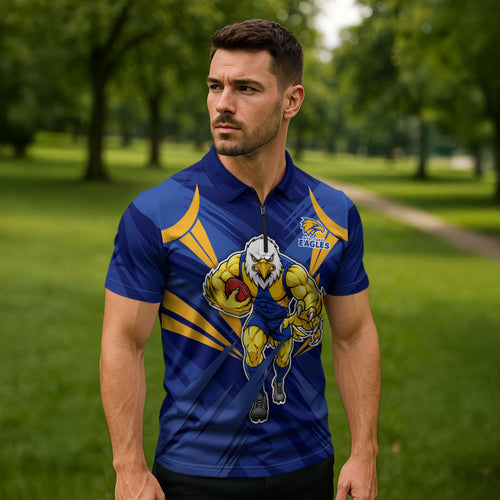 West Coast Eagles Australian Football Zipper Polo Shirt Powerful Eagle Mascot - Bold Team Colors