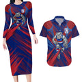 Western Bulldogs Australian Football Couples Matching Long Sleeve Bodycon Dress and Hawaiian Shirt Aggressive Bulldog Mascot - Bold Team Colors