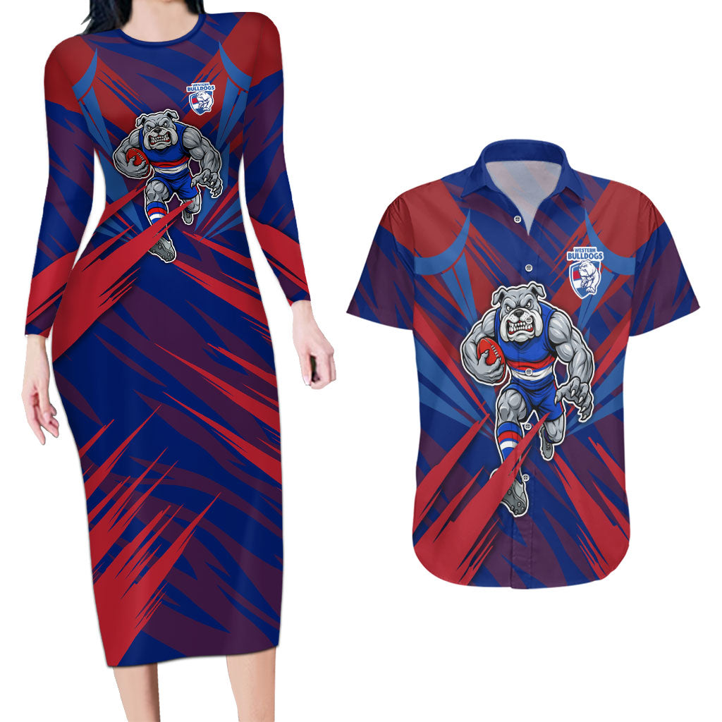 Western Bulldogs Australian Football Couples Matching Long Sleeve Bodycon Dress and Hawaiian Shirt Aggressive Bulldog Mascot - Bold Team Colors