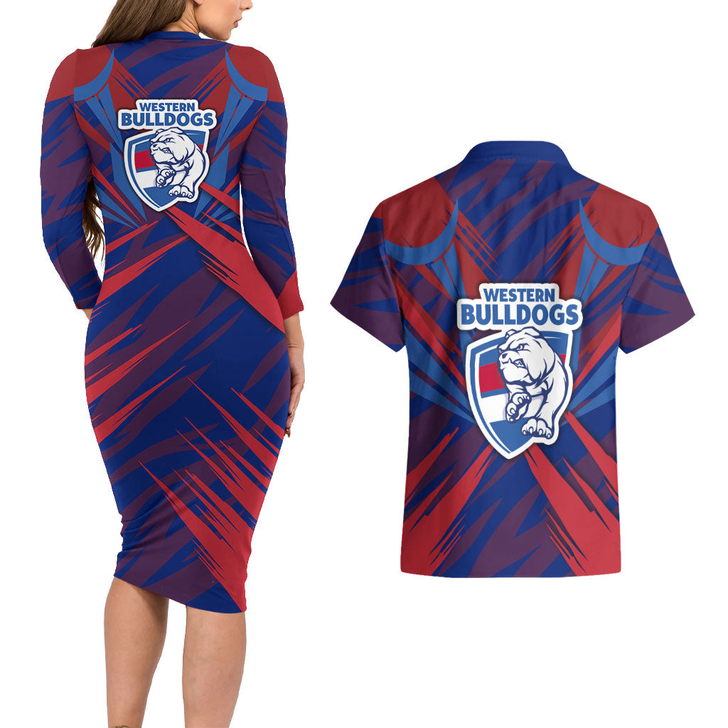 Western Bulldogs Australian Football Couples Matching Long Sleeve Bodycon Dress and Hawaiian Shirt Aggressive Bulldog Mascot - Bold Team Colors